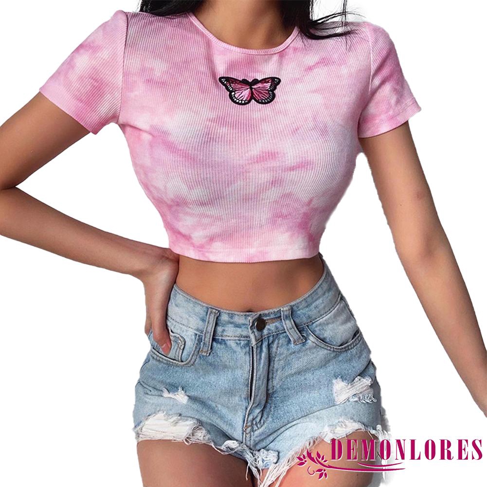 Áo Croptop Tay Ngắn Hoạ Tiết Bướm Thêu Thiết Kế Ôm Sát Tôn Dáng