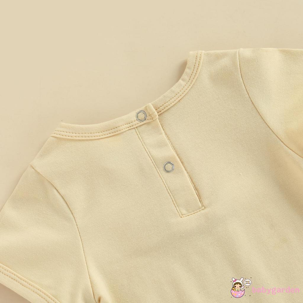 Bộ áo liền quần cổ tròn tay cộc in hình gấu hoạt hình + băng đô cho bé trai 0-18 tháng tuổi