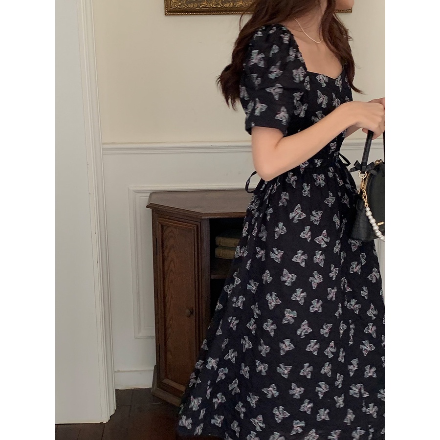 ZHELIHANGFEI Váy hoa nơ ngắn tay eo thon gọn váy dài