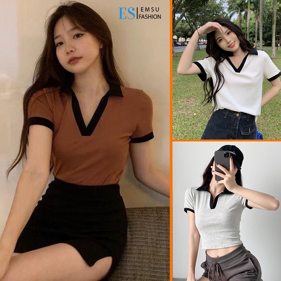 Áo Polo Nữ Ngắn Tay, Áo Thun Cotton Nữ Có Cổ Chữ V Phong Cách Hàn Quốc Nhập Khẩu Chất Đẹp