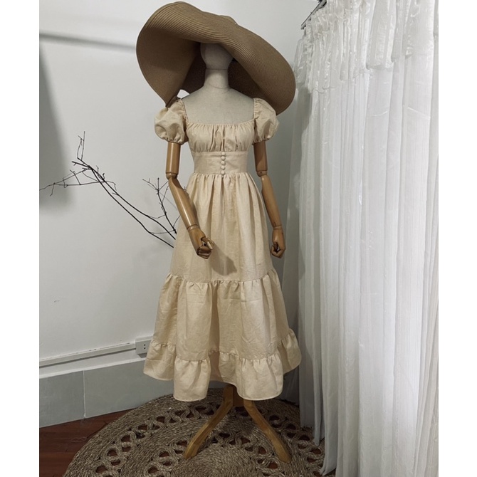 Đầm Maxi dài tay phồng nhún ngực vải Linen cao cấp