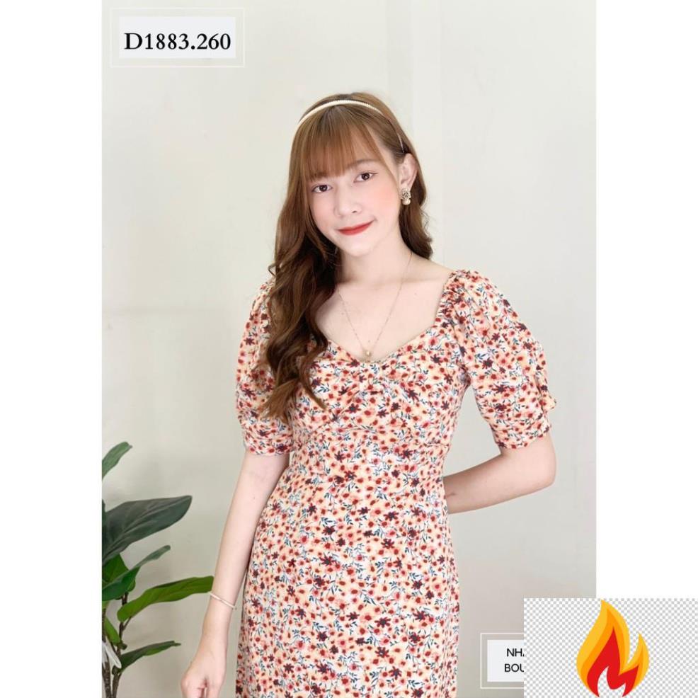 Đầm Công Sở NHẬT VY Họa Tiết Hoa, Chiết Eo, Phối Nơ Ngực, Nữ Tính Dịu Dàng Màu Tím, Cam - D1883 -KLH)(
