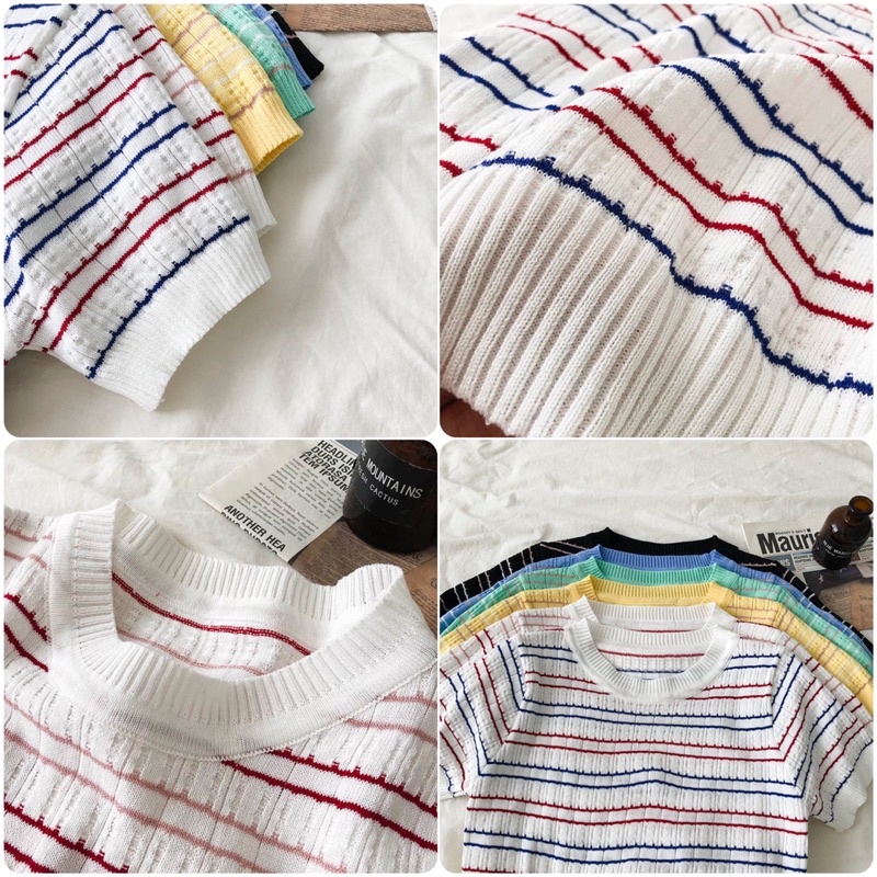 Áo thun dệt kim croptop nữ kiểu kẻ ngang cổ tròn tay ngắn phối màu trẻ trung năng động