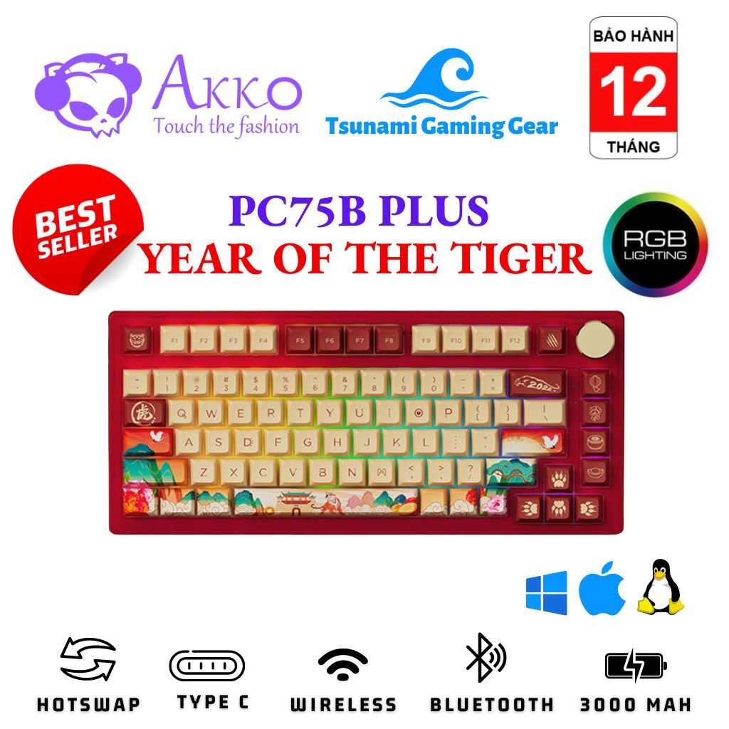 Phím cơ AKKO PC75B Plus Year of Tiger | PC75B Plus Blue on White | RGB | Hotswap | Bluetooth | Wireless | Type C