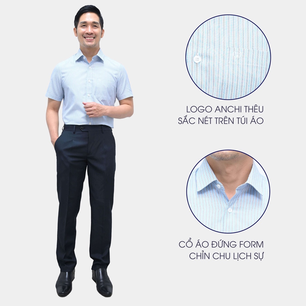 Áo Sơ Mi Nam Ngắn Tay Trung Niên ANCHI Cotton Ấn Độ Cao Cấp Hoạ Tiết Sọc Xanh Đen