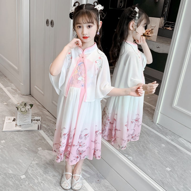 áo bé gái size đạiquần bò bé gái♣✺Cô gái Hanfu quần áo mùa hè mới Tang phù hợp với phong cách phương Tây trẻ em váy cổ t