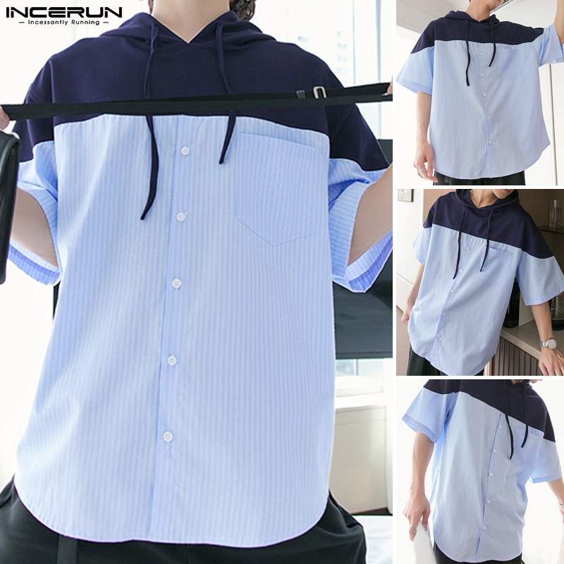 Áo hoodie INCERUN ngắn tay dáng rộng phối màu cá tính thời trang cho nam