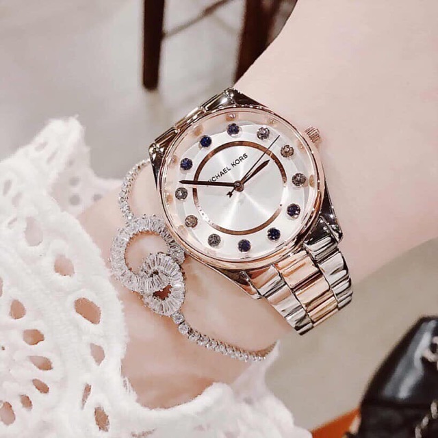 Đồng hồ Nữ MICHAEL KORS MK6605 COLETTE Jeweled Hour Markers & Silver - Rose Gold Stainless Steel Bracelet Watch 34mm