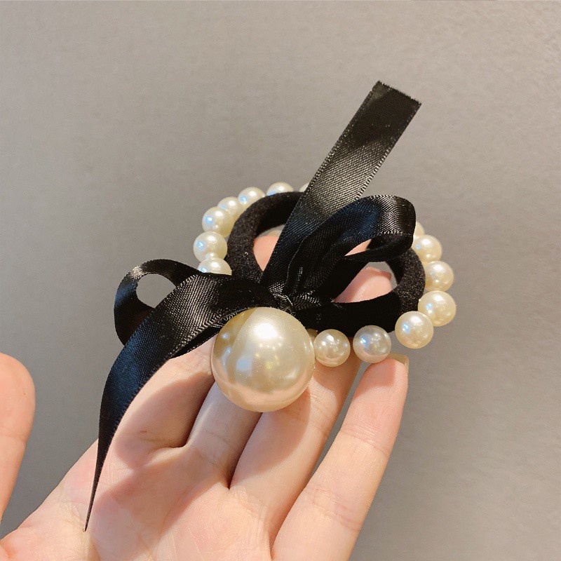 Dây buộc tóc hình nơ đính ngọc trai giả phong cách Hàn Quốc