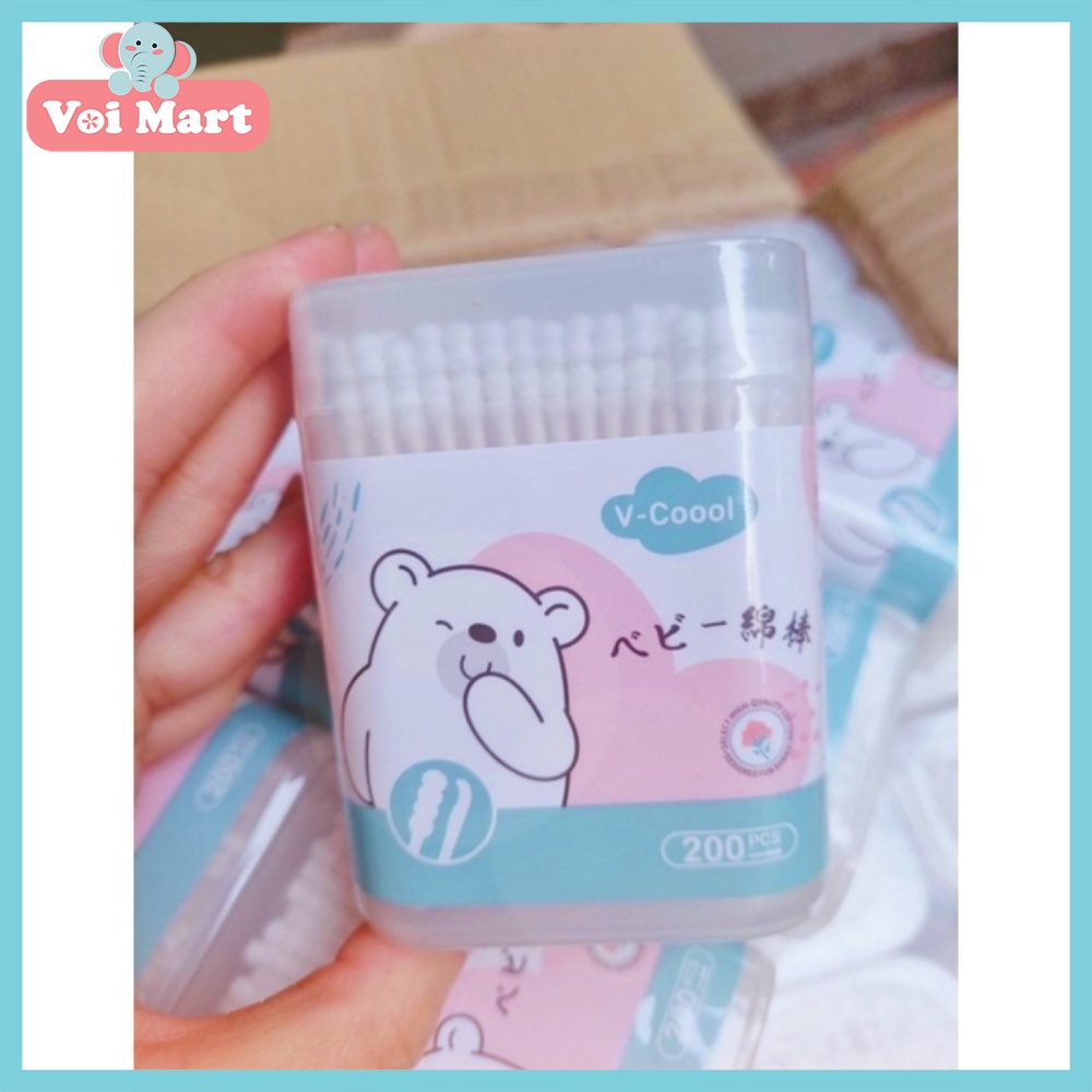 Tăm bông sơ sinh, bông ngoáy tai trẻ em Vcool kháng khuẩn . Hộp gấu xanh  xuất nhật