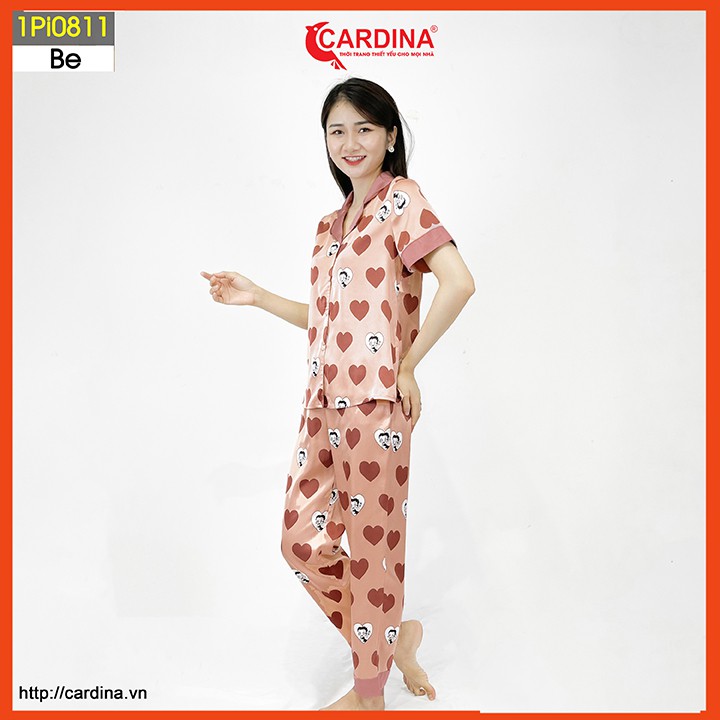 Đồ bộ pijama nữ CARDINA chất lụa satin Nhật cao cấp quần dài áo cộc tay họa tiết tinh tế trẻ trung 1Pi08.