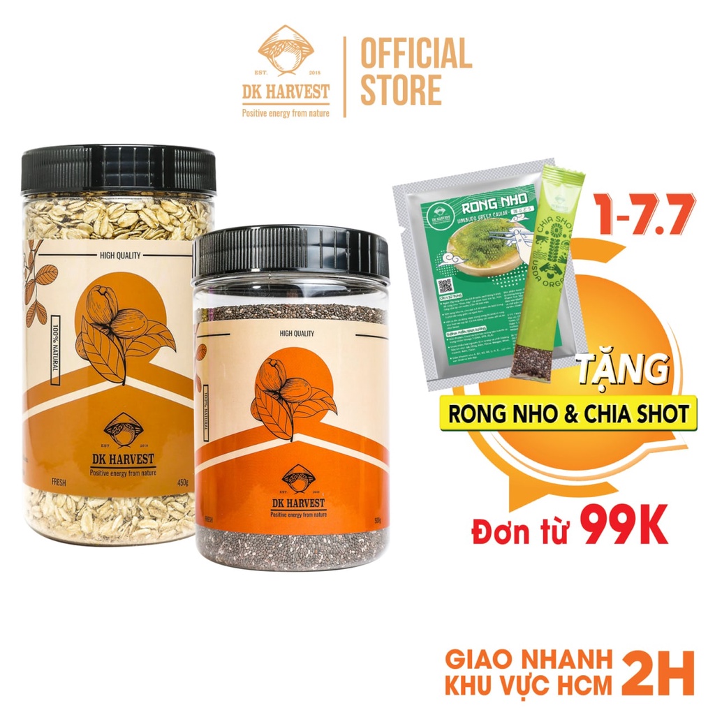 COMBO SIÊU TIẾT KIỆM DK HARVEST – 1 Hũ Hạt Chia Đen 500g & 1 Hũ Yến Mạch Cán Mỏng 450g