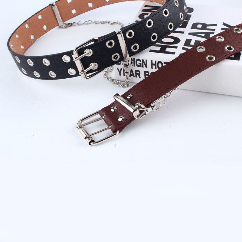 【Felicelife】Dây nịt da PU trang trí hai hàng khoen rỗng và chuỗi kim loại cá tính cho cả nam và nữ