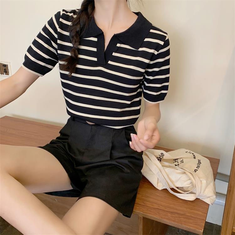 Set Áo Thun Tay Ngắn Kẻ Sọc Và Quần Short Lưng Cao Ống Rộng Phong Cách Hàn Quốc Thời Trang Mùa Hè 2022 Mới Dành Cho Nữ