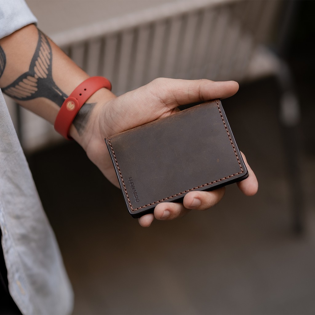 Ví Da Nam Đựng Thẻ Gập Đôi Leonardo - Card Vintage Wallet - Da Sáp Bền Bỉ