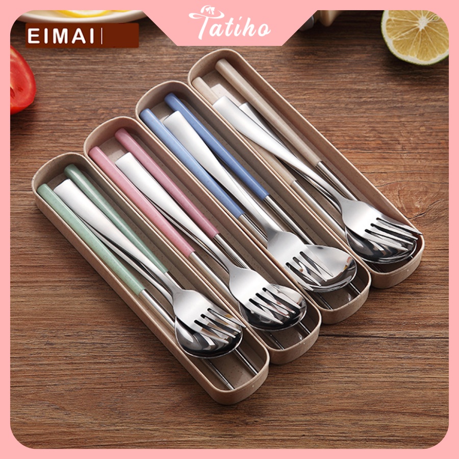 [Hàng Xịn, Giá Tốt] Bộ 3 Món Đũa, Muỗng, Nĩa Lúa Mạch Chất Liệu Inox 304 Không Rỉ Kèm Hộp - Mã HH003