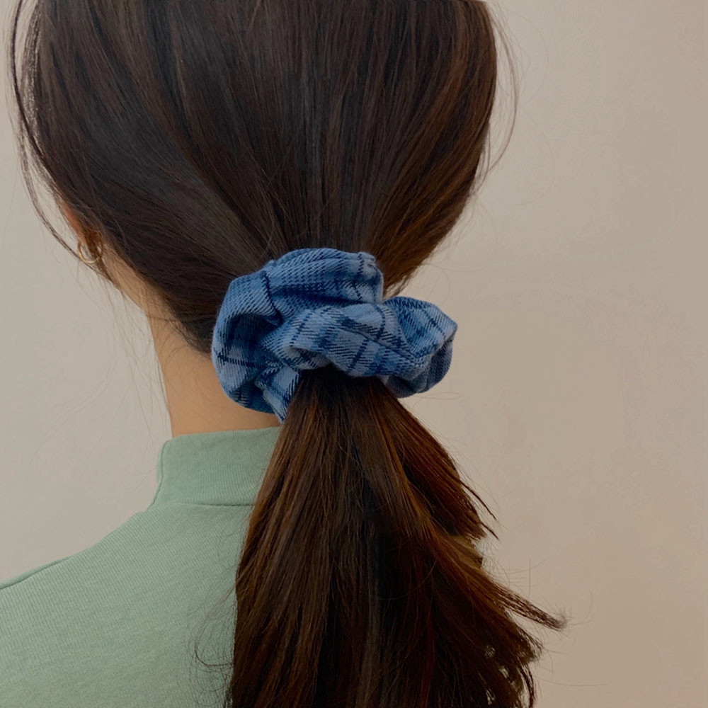Blue Plaid Hair Circle French Retro Ponytail Hair Rope Hair Accessories Girl