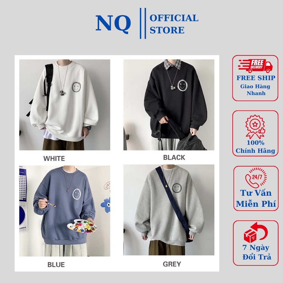Áo Sweater form rộng vải nỉ , áo nỉ unisex bông siêu dày in hình mặt cười VN siêu đẹp