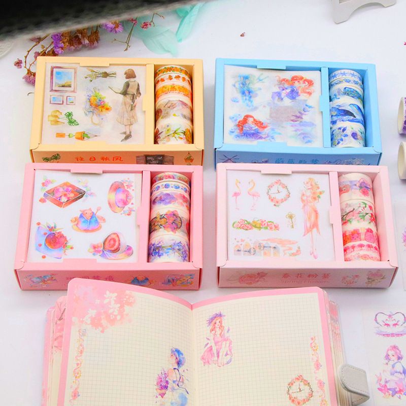 Set 5-6 cuộn washi tape + 9 tấm sticker