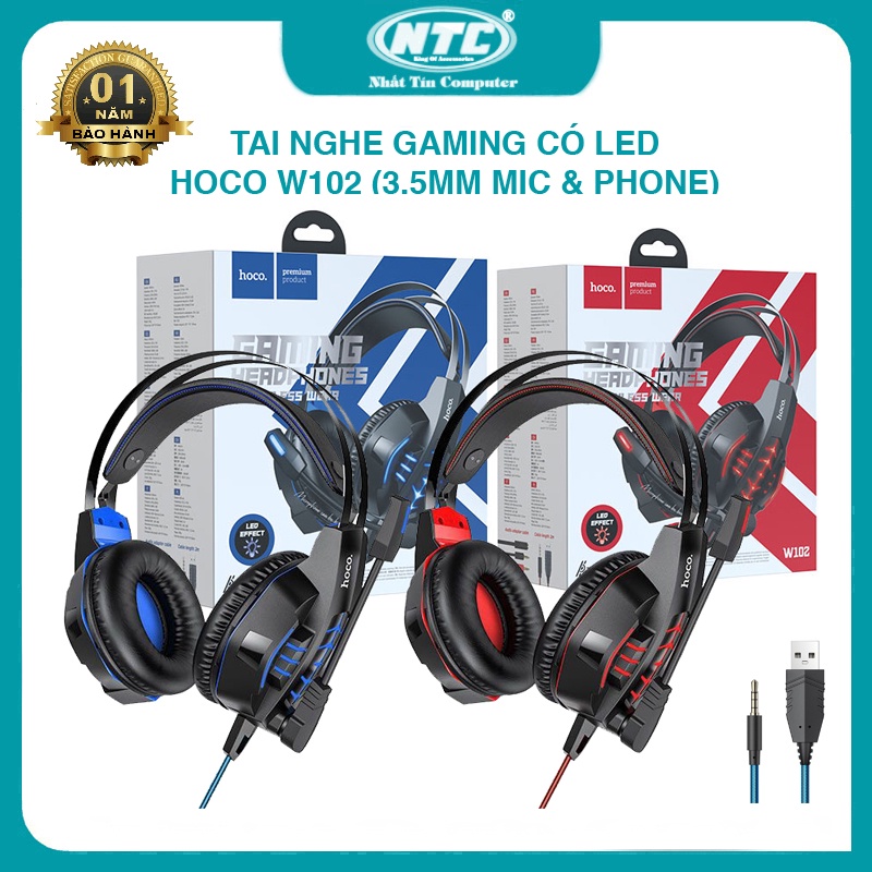 Tai nghe gaming Hoco W102 Painless wear led cực đẹp - tích hợp mic và phone trên 1 jack 3.5mm (2 màu tuỳ chọn)
