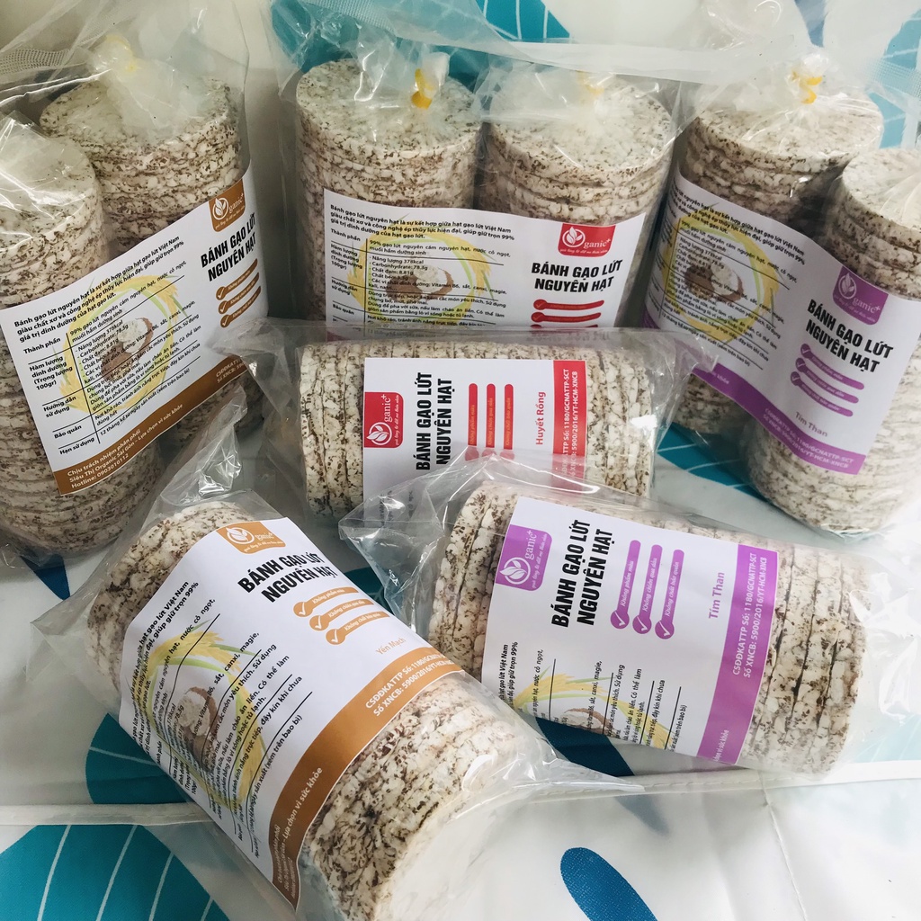 Bánh gạo lứt nguyên hạt, bánh thực dưỡng eatclean nguyên cám không chiên (vị tím than, huyết rồng, yến mạch)