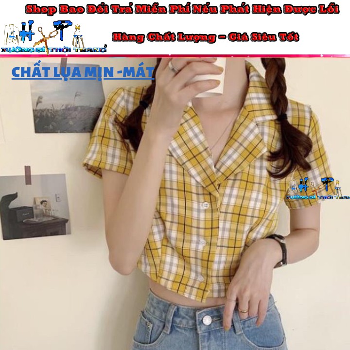 Áo Sơ mi Nữ lửng croptop cổ vét ngắn tay Phối sọc kẻ ca rô hót trend 2020 thời trang mới- hàng có sẵn