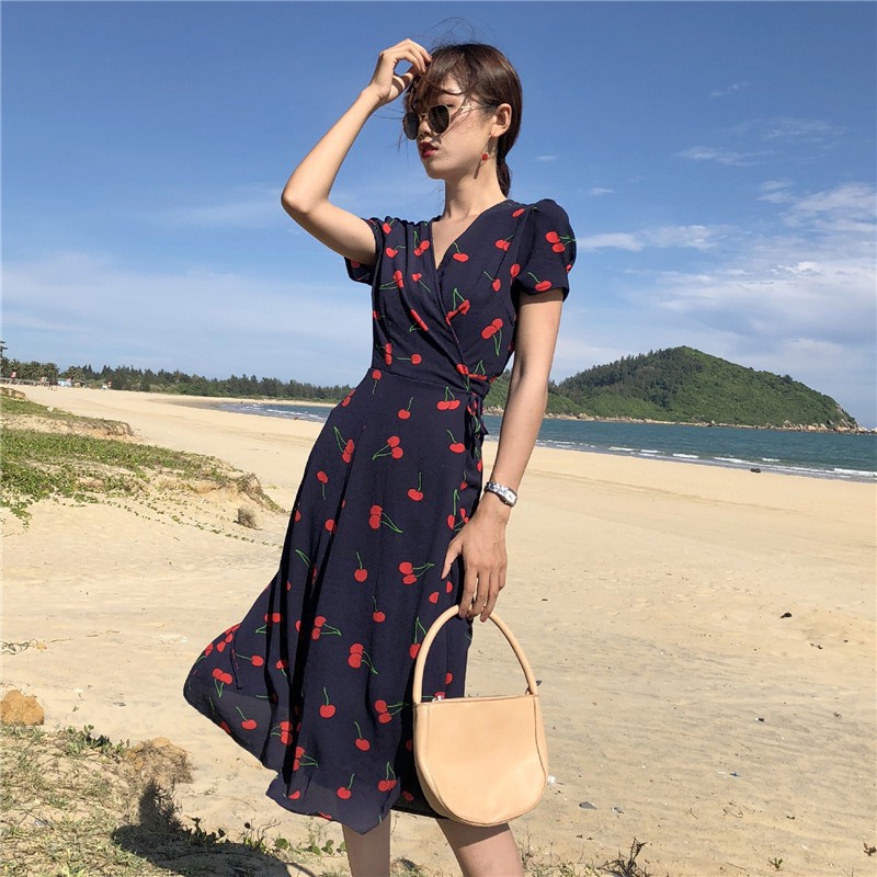 Đầm Maxi Ngắn Tay In Hình Trái Cherry Thời Trang Hàn Quốc Cho Nữ