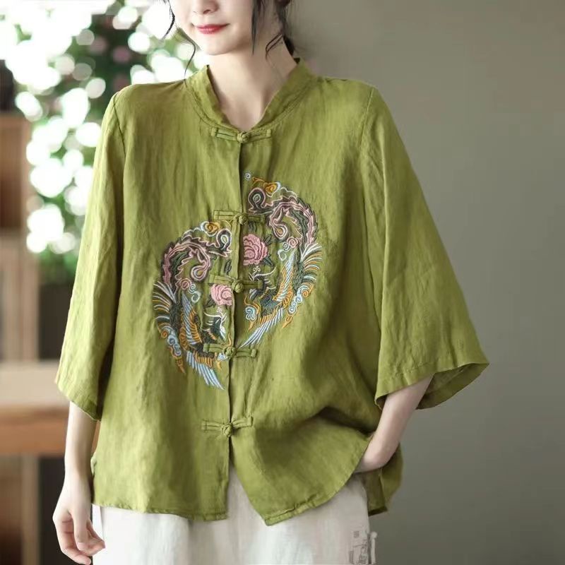 Áo Kiểu Vải Lanh Cotton Tay Ngắn Dáng Rộng Plus Size Thêu Họa Tiết Hoa Phong Cách Trung Hoa Cổ Điển Thời Trang Mù