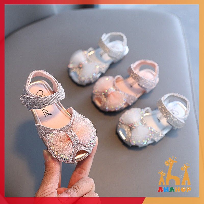 Dép sandal tập đi cho bé quai dán gắn Nơ dễ thương sequin đế cao su mềm chống trơn trượt cho bé gái mẫu mới nhất A107