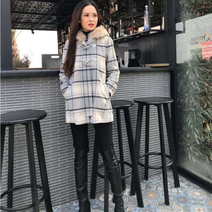 Áo Khoác Dạ Cừu Hai Khuy Kẻ Sọc Trắng Có Mũ Lông Áo Khoác Nữ Parka_LeRin AD1