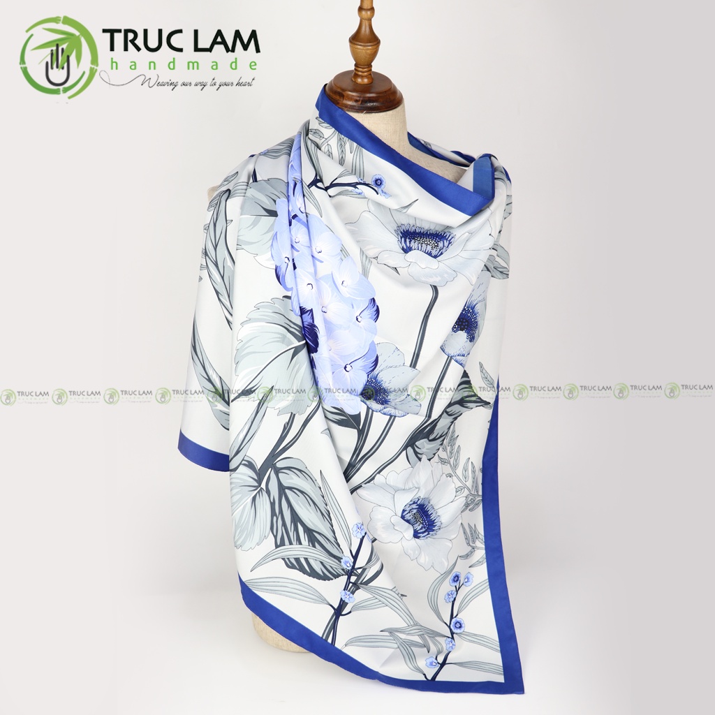 Khăn Lụa Vuông Choàng Cổ Thời Trang Nữ Cao Cấp Họa Tiết Hoa 3D 90x90cm - Trúc Lâm Handmade
