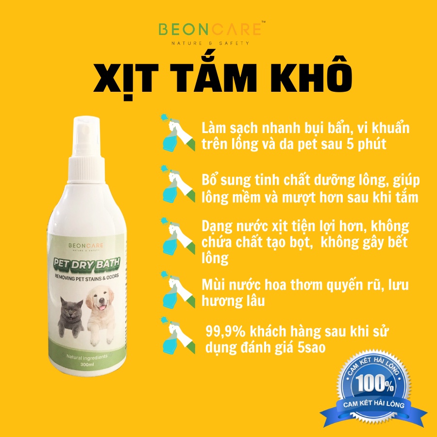 Combo SẠCH THƠM gồm 1 khử mùi nước tiểu chó mèo và 1 xịt tắm khô chó mèo Beoncare