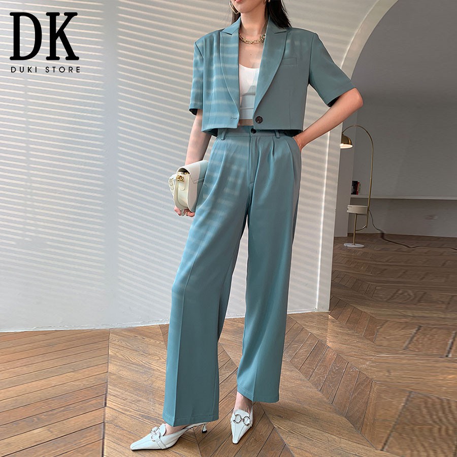 Áo khoác blazer, áo vest blazer nữ dáng lửng màu xanh đá cực xinh - DUKI STORE