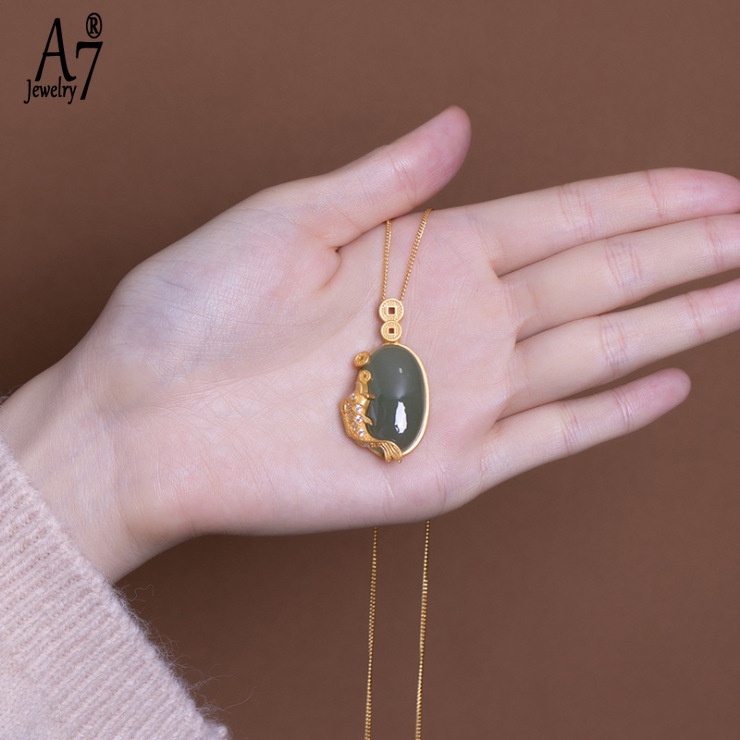 Vòng cổ Mạ Bạc 925 Mặt Hình Cá Chép Đính Đá Ngọc Lam Phong Cách Retro