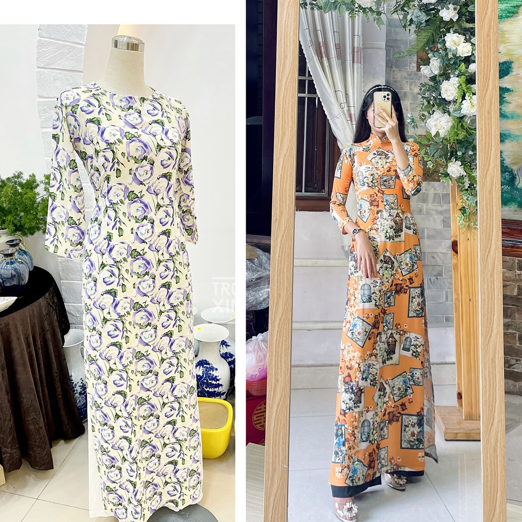 Áo dài hoa tím - Áo dài họa tiết lồng chim vintage