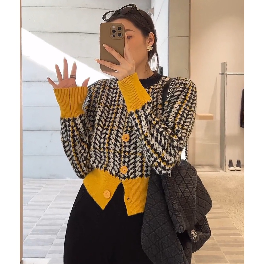 (55KG.LINH - HÀNG SẴN) Áo len croptop cổ tròn tay dài phối màu thời trang