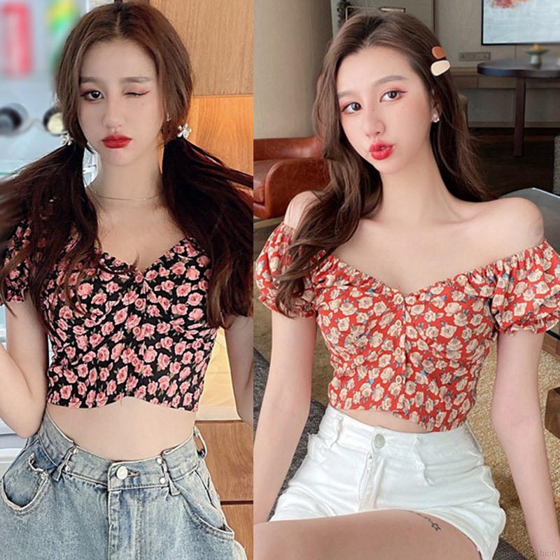 Áo Voan Ngắn Tay Cổ Chữ V In Họa Tiết Hoa Xinh Xắn Dành Cho Nữ