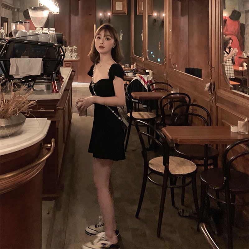 SUXI Đầm cổ vuông màu trơn phong cách retro pháp thanh lịch dành cho nữ