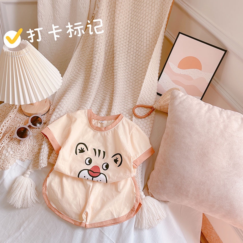 Bộ Quần Áo Trẻ Em Cộc Tay In Hình Mặt TigEr Yêu Vải Cotton Cho Bé Từ 7-19kg Mã CT56