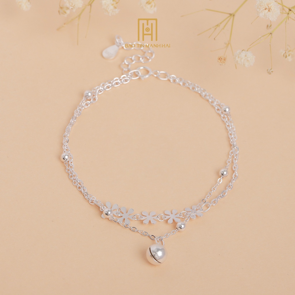 Lắc Tay Bạc Nữ Dây Kép Hình Hoa 5 Cánh, Gắn Chuông Nhỏ Xinh Xắn LB14 Bảo Tín Mạnh Hải