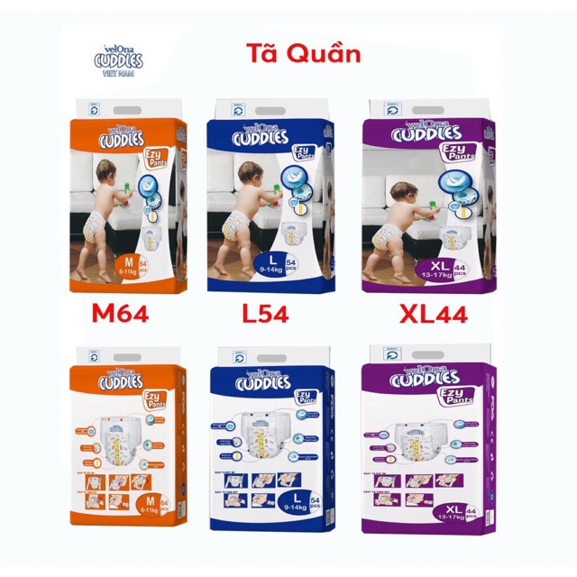 Tã quần/dán Velona Cuddles siêu đại k chất gây vô sinh : S64-M64/54-L46/54- XL44- Srilanka