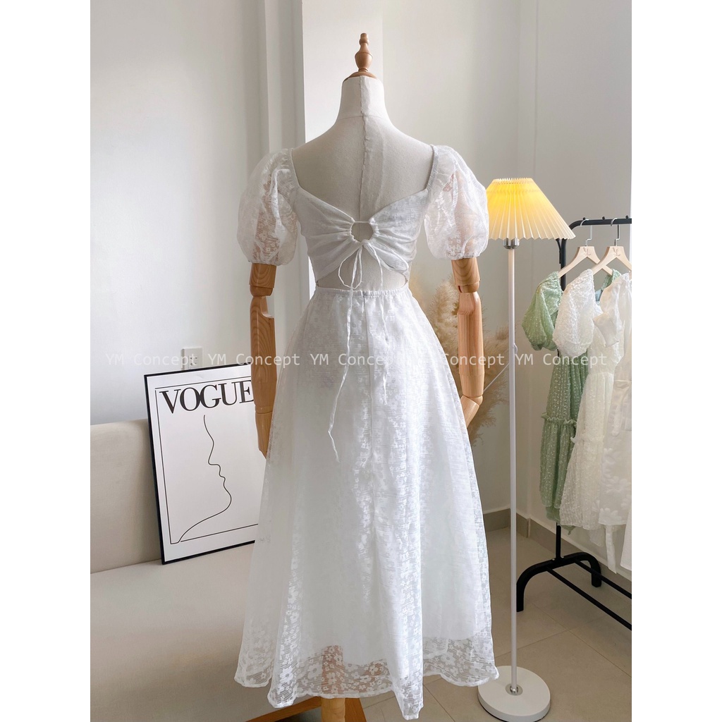 Đầm Midi Cổ Vuông Trắng Hoa Nổi Hở Lưng Dự Tiệc - D0602