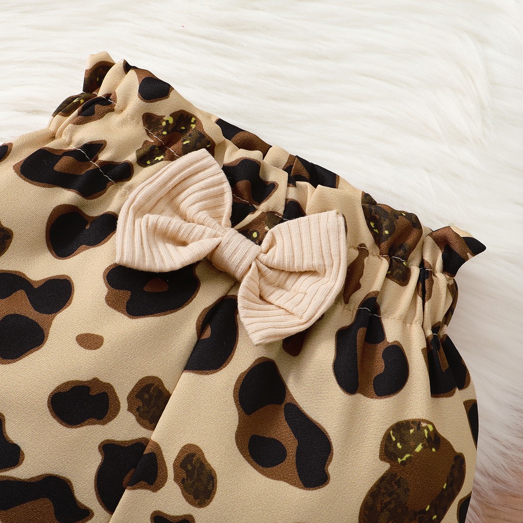 Set 3 sản phẩm Mikrdoo gồm áo liền quần tay dài có bèo nhún+quần da báo+băng đô da báo thời trang mùa thu cho bé gái