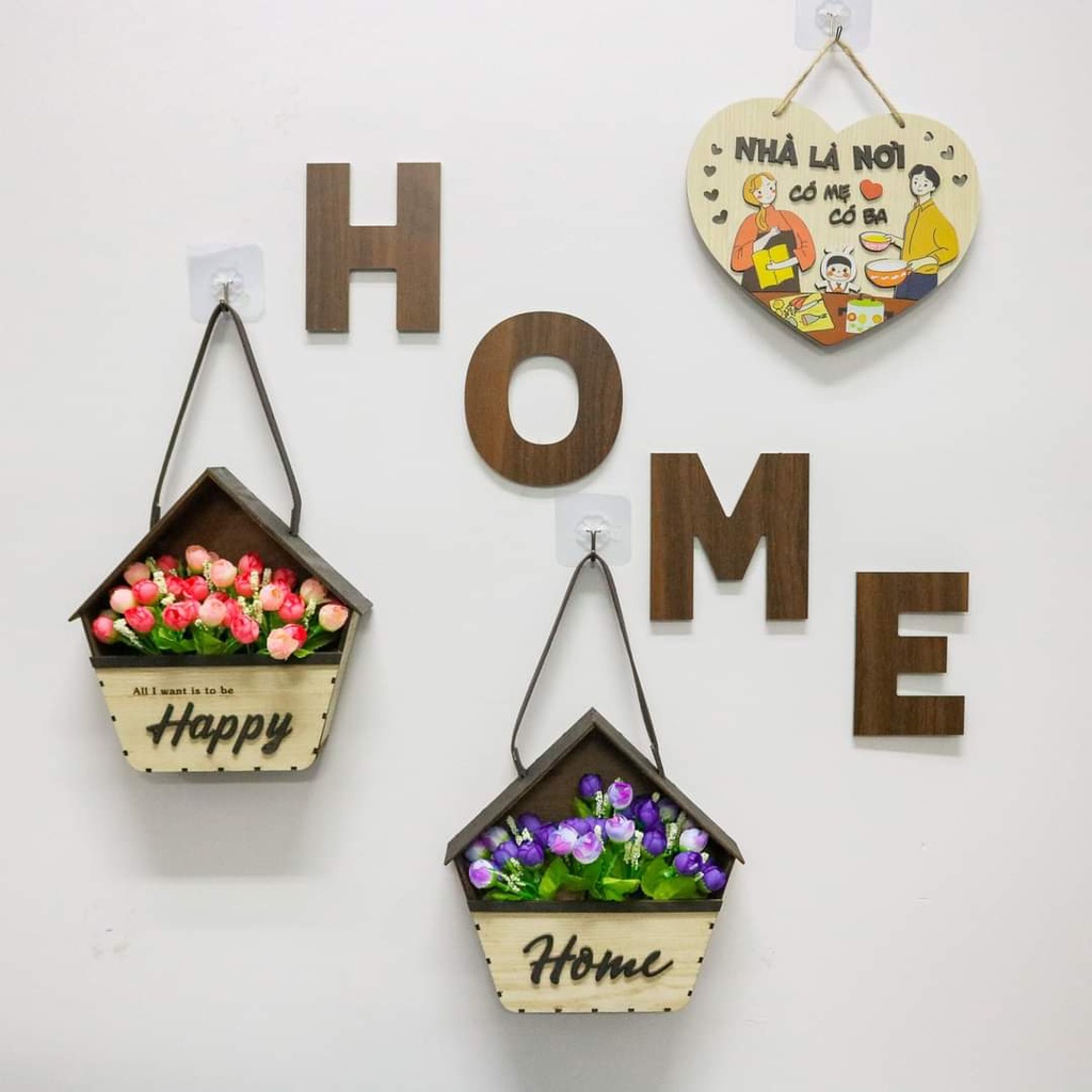 Giỏ hoa gỗ kèm hoa treo tường decor trang trí nhà cửa tặng đinh 3 chân/ móc dán tường