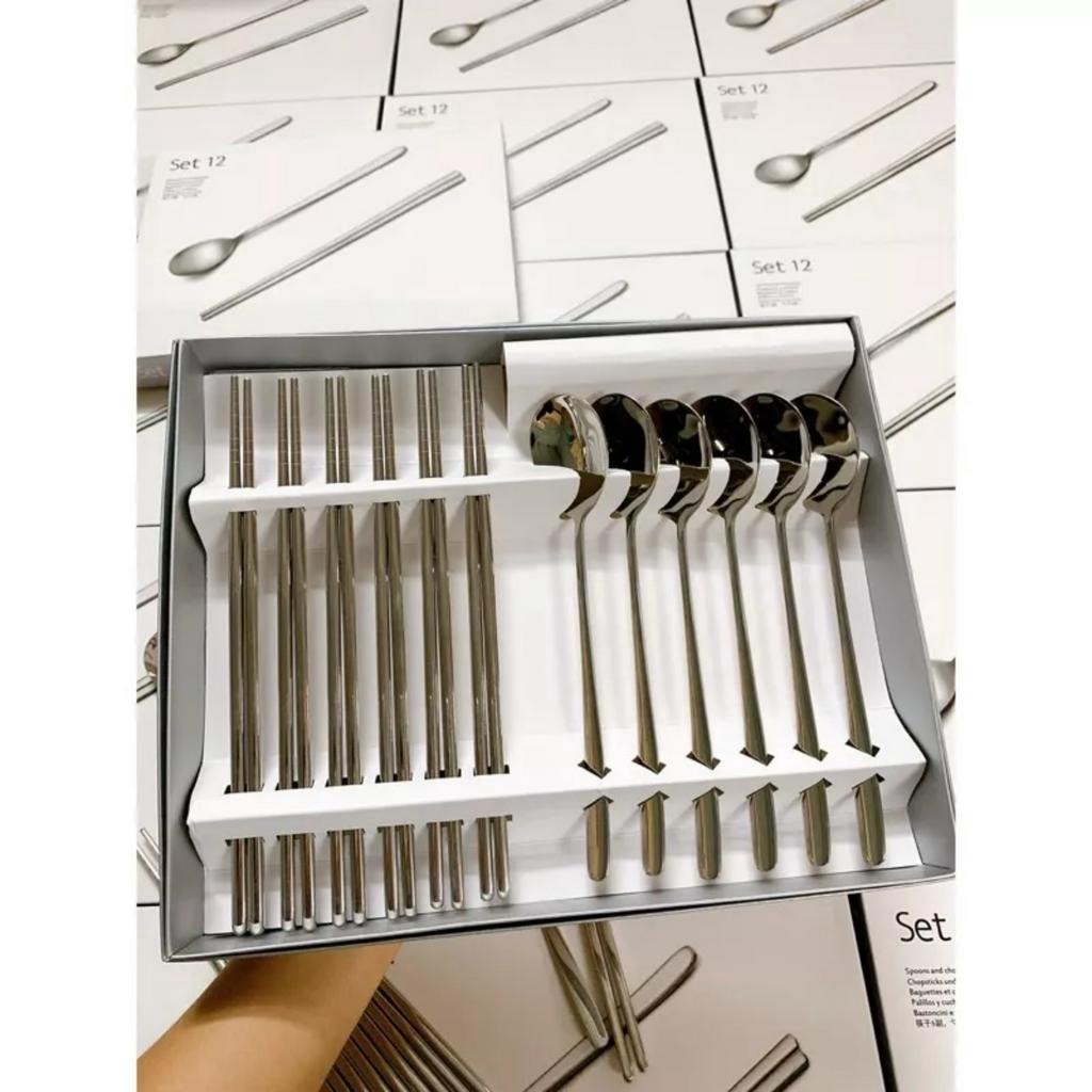Sét thìa đũa 6 bộ 12 chiếc inox 304 không gỉ có đầu chống trơn kèm hộp giấy siêu đẹp tiện lợi Tr.th