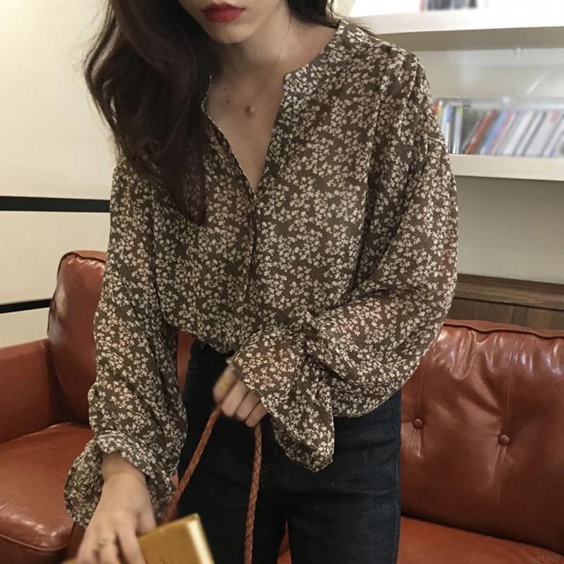 Áo Chiffon Cổ Tròn Tay Dài Họa Tiết Phong Cách Thời Trang Retro Hàn