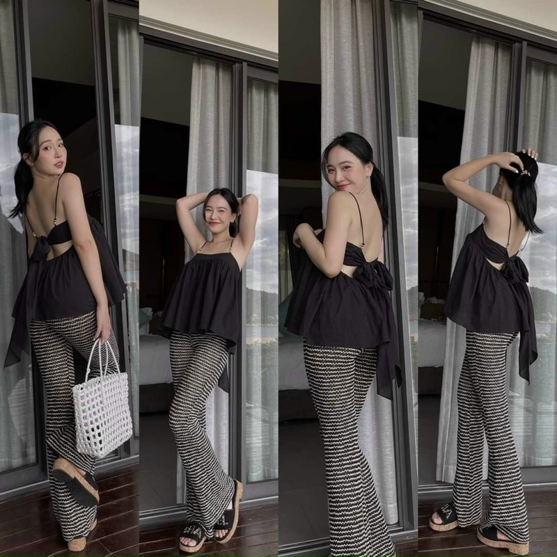 Set Bộ Áo Dây Voan Thắt Nơ Lưng Kèm Quần Dài Ống Loe Sọc alohashop91