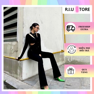 Quần jean ống loe đen trơn lai tua rua lưng cao hack dáng