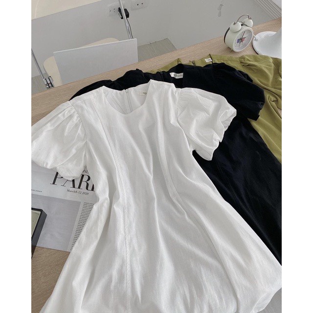 VÁY THÔ ĐŨI BABYDOLL TAY BỒNG doubleh.clo - Váy thô đũi linen dáng suông babydoll tay bồng kèm túi chéo hông ulzzang