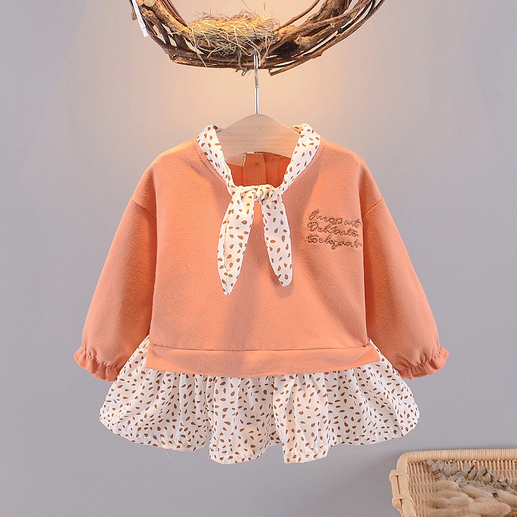 Áo váy thu đông cổ nơ bé gái nhí size 7-15kg AV